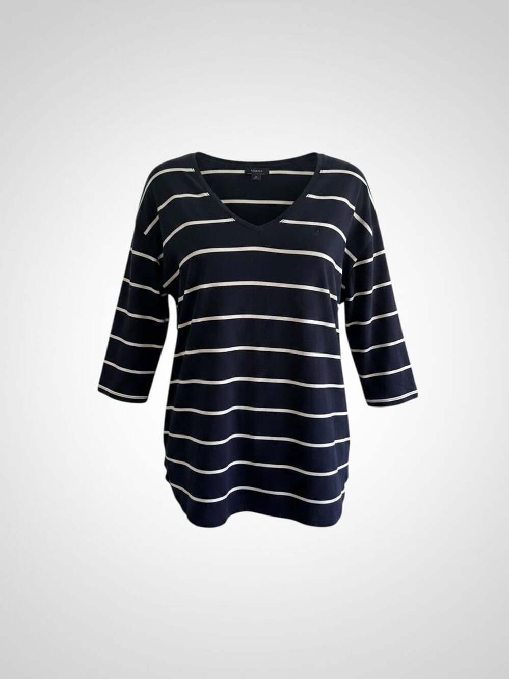 Nautica Navy and White Striped V-Neck Knit Top with Roll-Up Sleeves, Size M